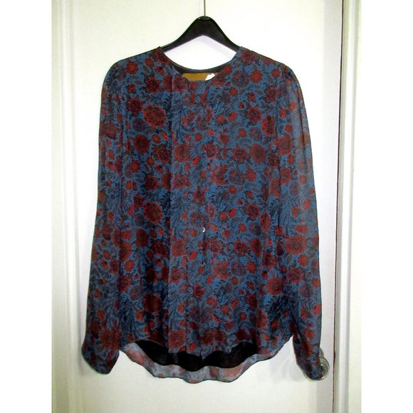 Hanley Mellon 100% Silk 8 Blouse Blue Floral Boho Semi Sheer M Shirt Tunic Mint! - Picture 6 of 10